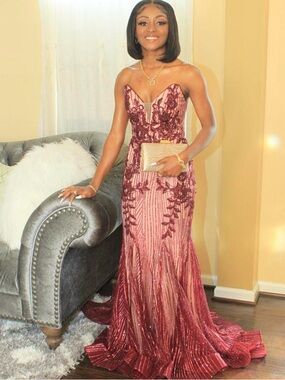 Strapless Burgundy Sequin Evening Gown